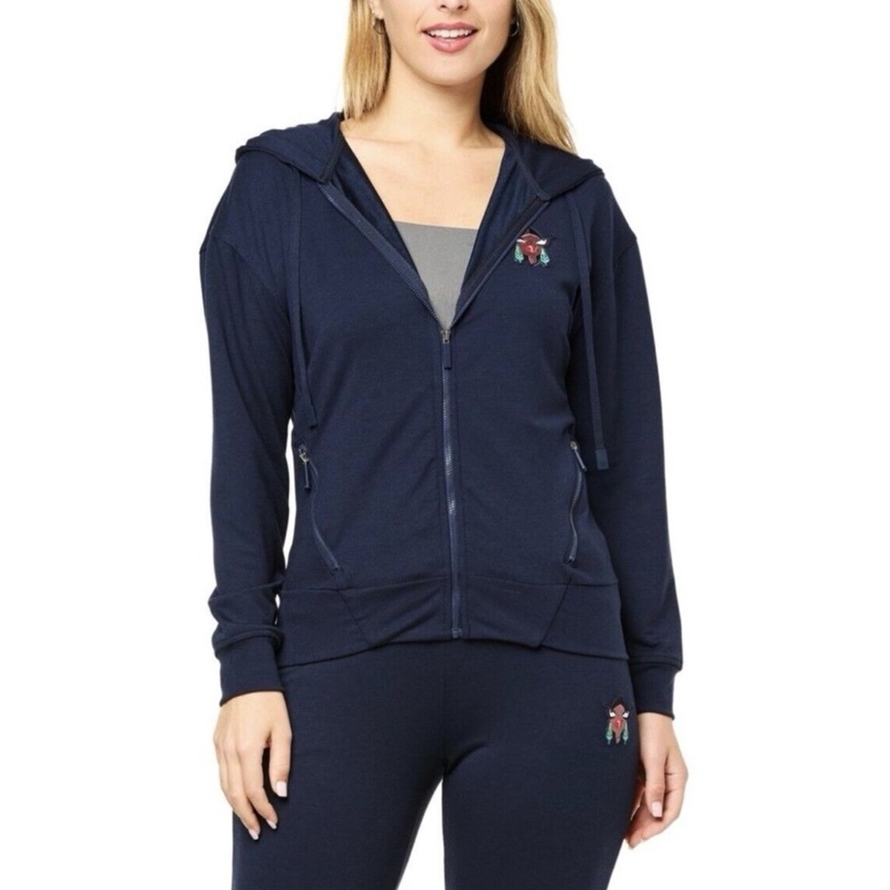 BADGLEY MISCHKA Hoodie with Embroidered Patch in BLACK Size LARGE NWT